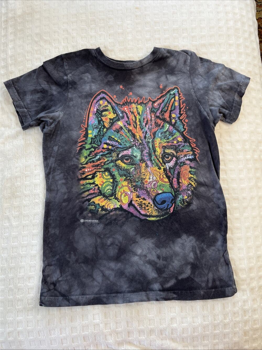 The Mountain Kids Short Sleeve Cotton T-Shirt Sz M Tie Dye Wolf Shepherd Husky